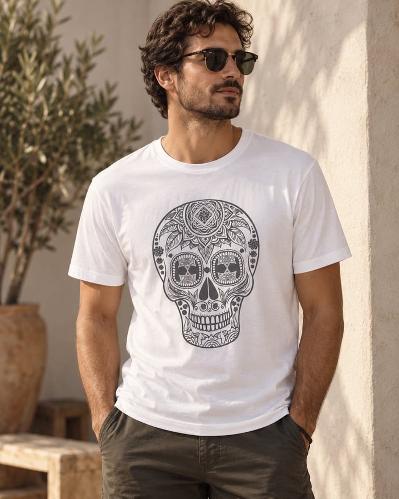 Playera Calaca Hombre Cuello Redondo